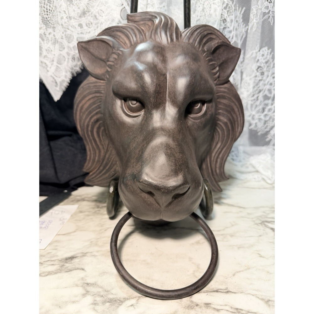 13" Lion Head 3D Wall Mounted Faux Door Knocker Towel Holder Cast Resin (2972)